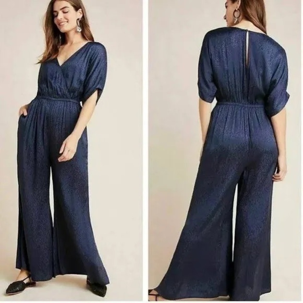 Anthropologie MAEVE Women's Size M Jacqueline Jacquard Jumpsuit Satin Navy